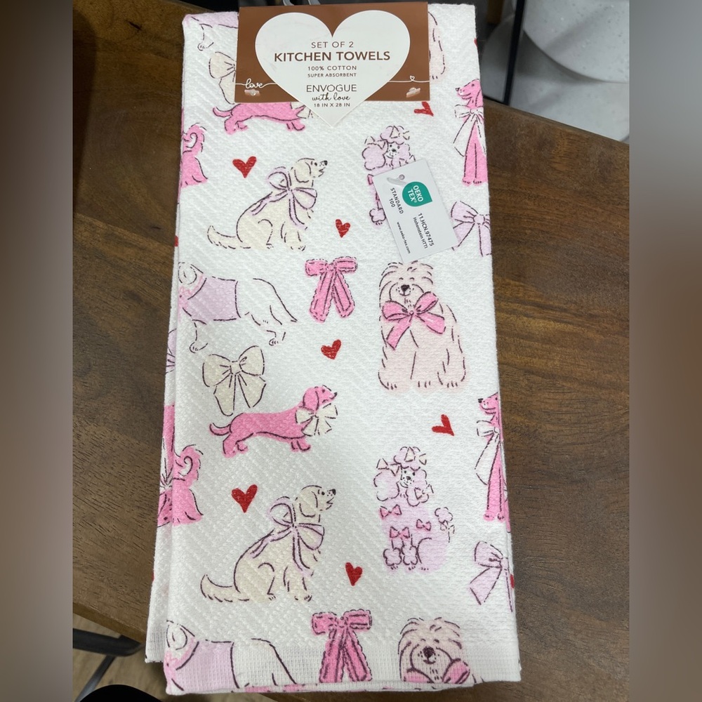 Valentine’s Day Dogs Pink Bows Poodle Dachshund Kitchen Towel set of 2 NWT